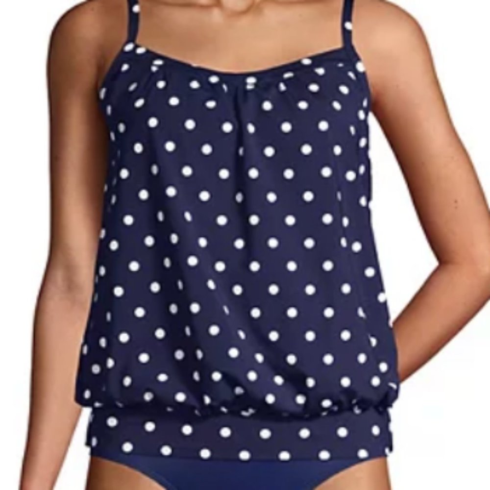 $20 NEW Land's End Sea Blue White Polka Dot Tankini Top Size 8